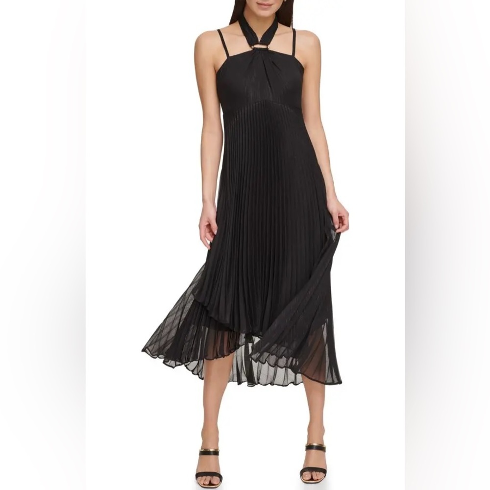 NWT DKNY Pleated Halter Neck High-Low Black With Metallic Threading Dress Size 2